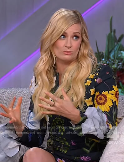 Beth Behr's black floral print bell sleeve dress on The Kelly Clarkson Show