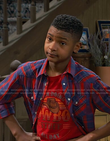 Bill's red cowboy print tee and plaid shirt on Bunkd