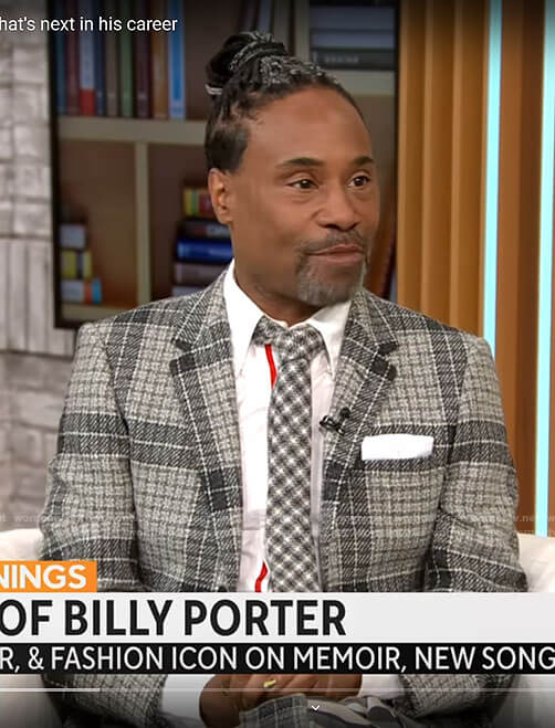Billy Porter's grey plaid jacket and kilt on CBS Mornings