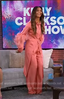 Camila Alves's pink feather trim shirtdress on The Kelly Clarkson Show