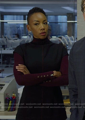 Carmen's burgundy button cuff sweater on The Good Fight