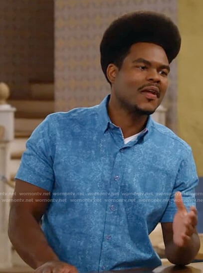 Carter's blue printed shirt on Call Me Kat