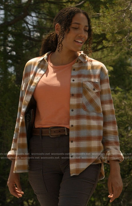 Cassie's orange and blue plaid shirt on Big Sky