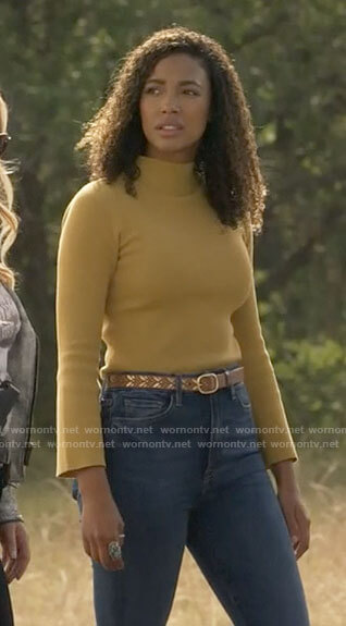 Cassie's yellow bell-sleeve knit top on Big Sky
