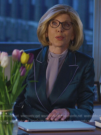 Diane's green satin piping trim blazer on The Good Fight