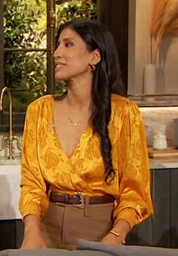 Dr Payel Gupta's yellow satin wrap blouse on The Drew Barrymore Show