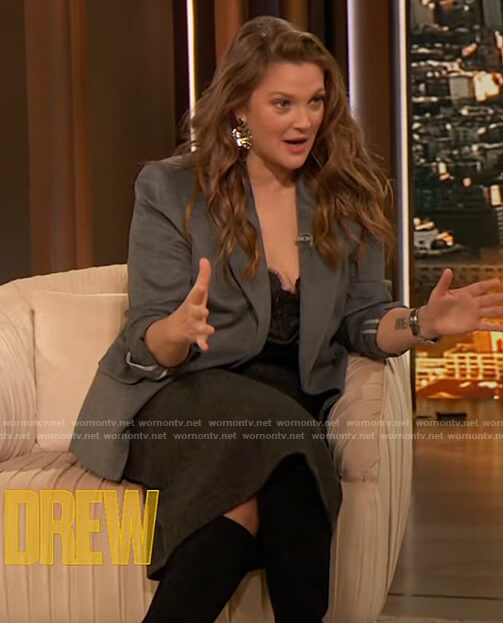 Drew's gray blazer and skirt on The Drew Barrymore Show