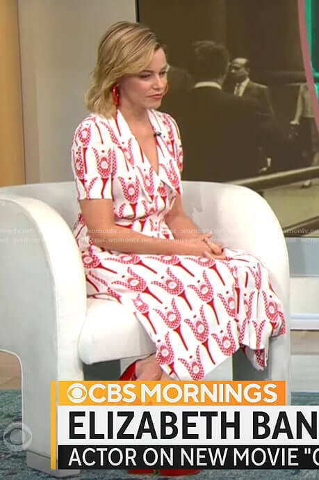 Elizabeth Banks's red and white printed drss on CBS Mornings