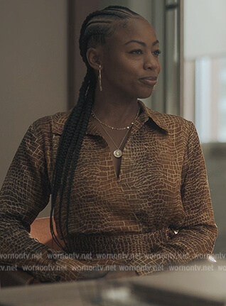 Fallon's brown croc print dress on Reasonable Doubt