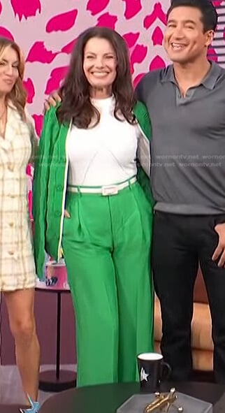 Fran Drescher's green cable knit cardigan and pants on Access Daily