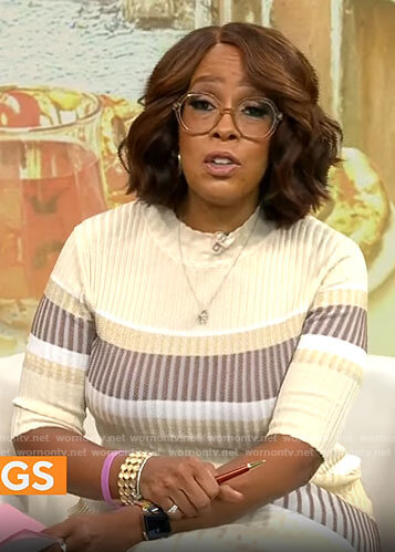 Gayle King's beige striped knit dress on CBS Mornings