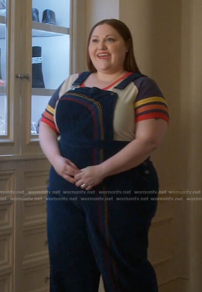 Gigi's rainbow embroidered overalls on Monarch