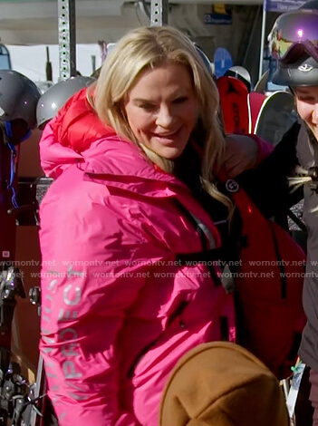 Heather's pink hooded puffer jacket on The Real Housewives of Salt Lake City