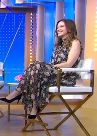 Hilary Swank's black floral print dress on Good Morning America