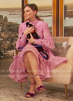 Hilary Swank's pink ruched mini dress on The Drew Barrymore Show