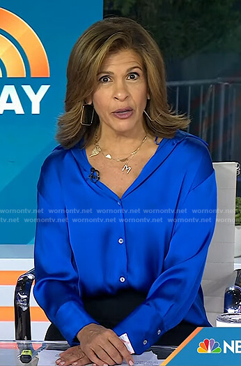 Hoda's blue satin button up shirt on Today