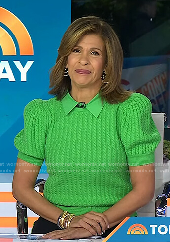 Hoda's green cable knit sweater and pants on Today