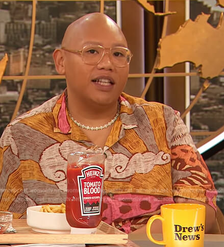 Jacob Batalon's mushroom printed shirt on The Drew Barrymore Show