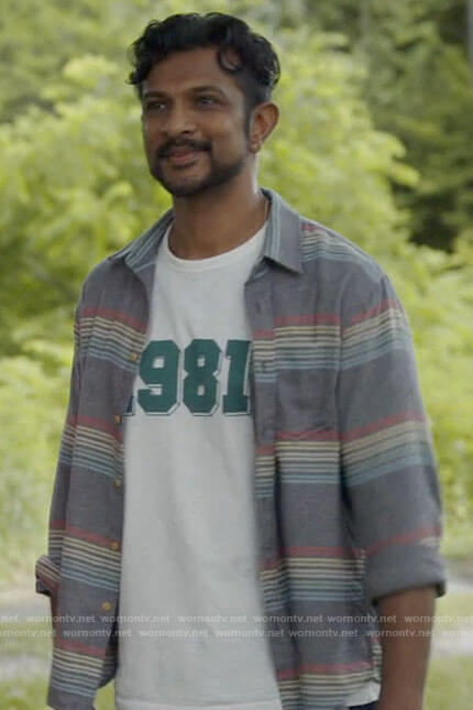 Jay's 1981 tee and grey striped shirt on Ghosts