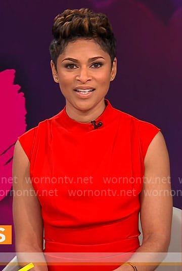 Jericka Duncan's red draped neck dress on CBS Mornings