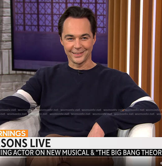 Jim Parson's navy sweater with striped sleeves on CBS Mornings