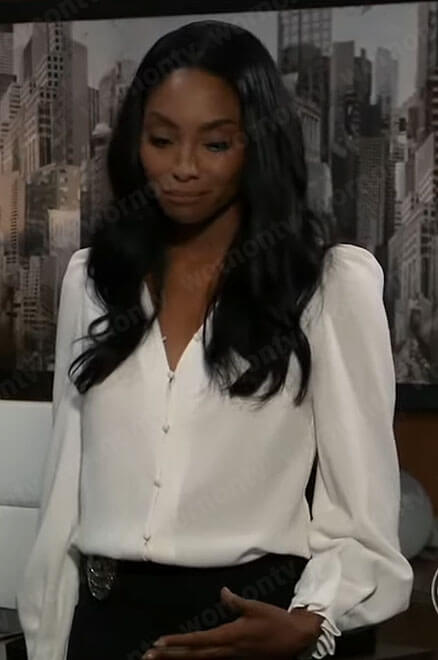 Jordan's white v-neck button down blouse on General Hospital