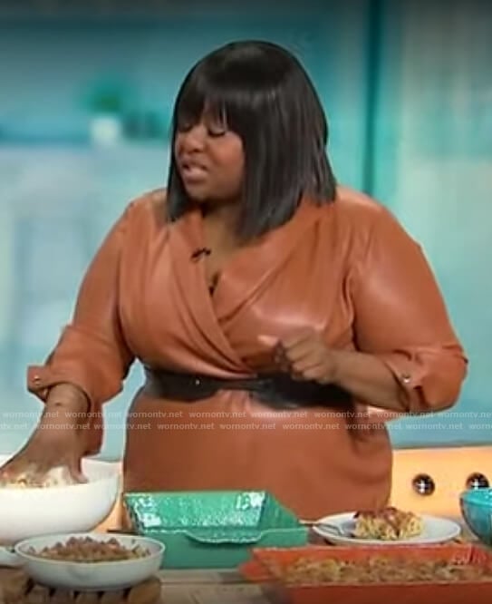 Kardea Brown's brown leather wrap dress on Sherri