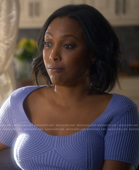 Kayla's purple ribbed top on Monarch