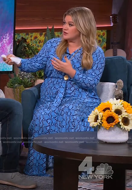 Kelly's blue snake print shirtdress on The Kelly Clarkson Show