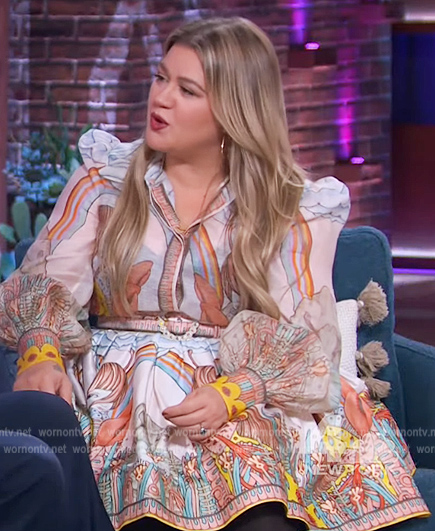 Kelly's printed mini skirt and top on The Kelly Clarkson Show