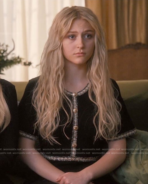 Lexy's black contrast trim dress with buttons on Chucky