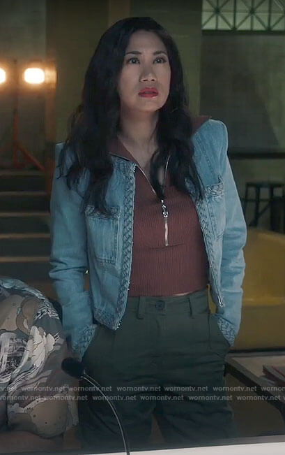 Mel's denim jacket with braided trim on The Equalizer