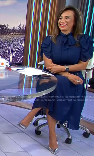 Michelle Miller's blue puff sleeve dress on CBS Saturday Morning