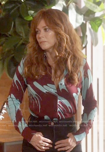 Nicky's burgundy and blue printed button down shirt on Monarch