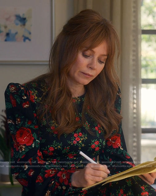 Nicky's black floral puff-sleeve midi dress on Monarch