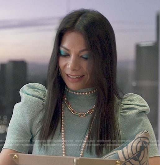 Nikki's mint green puff sleeve turtleneck top on She-Hulk Attorney at Law