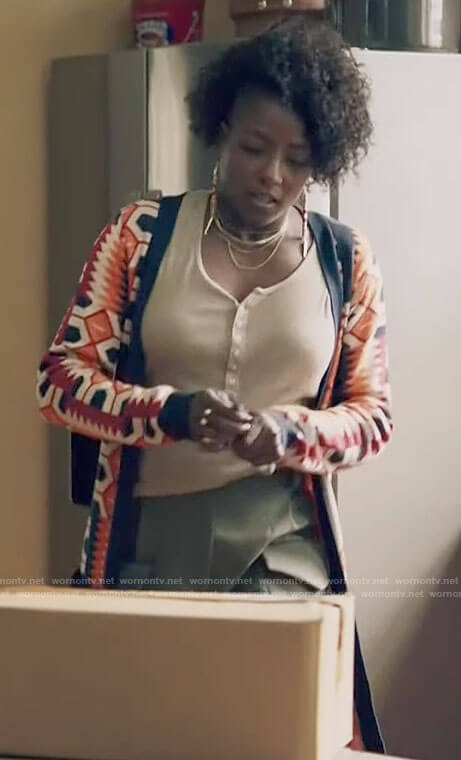 Nova's long printed cardigan on Queen Sugar