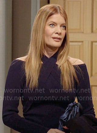 Phyllis's navy cross-neck knit top on The Young and the Restless