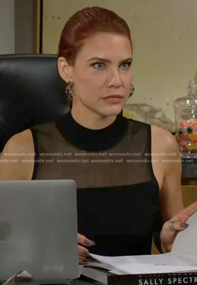 Sally's black sleeveless sheer panel top on The Young and the Restless