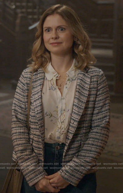 Sam's floral blouse and striped blazer on Ghosts