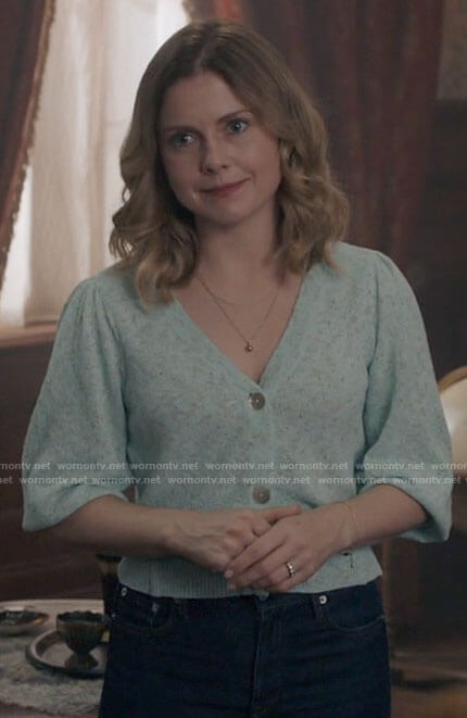 Sam's mint green v-neck cardigan on Ghosts