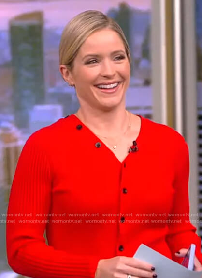 Sara's red ribbed button cardigan on The View