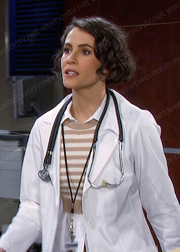 Sarah's beige striped cropped vest on Days of our Lives