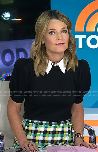 Savannah's black puff sleeve sweater and plaid skirt on Today