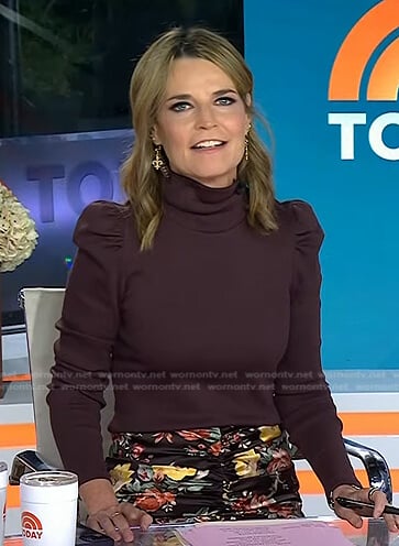 Savannah's brown turtleneck sweater and floral skirt on Today