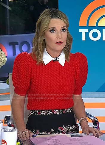Savannah's red puff sleeve sweater and floral skirt on Today