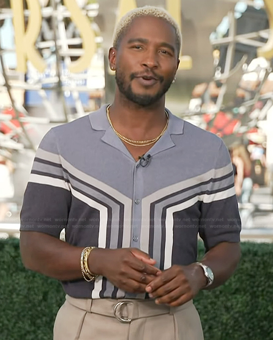 Scott's grey colorblock knit shirt on Access Hollywood
