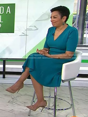 Sharon Epperson's teal green v-neck dress on Today