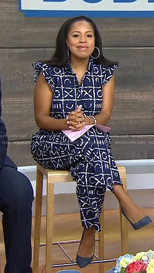 Sheinelle's blue printed ruffle jumpsuit on Today