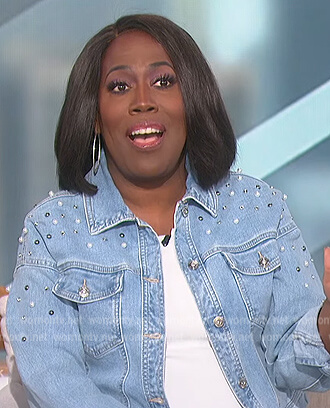 Sheryl's denim embellished jacket and jeans on The Talk